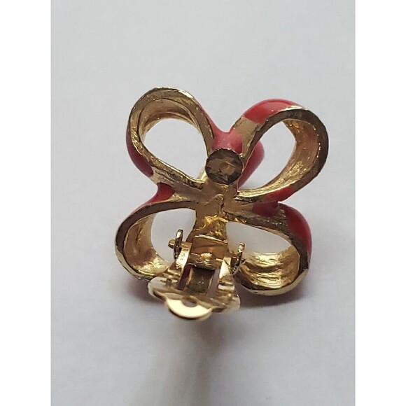 Vintage Gay Boyer Red Enamel Ribbon Bow Clip On Earrings Gold Tone Signed Retro - Picture 11 of 15